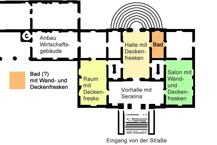 Grundriss der ausgeführten Bauteile der Villa Poiana mit Kennzeichnung der mit Fresken geschmückten Räume.