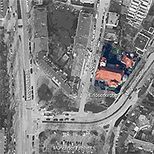 Lageplan der evangelischen Erlöserkirche an der Münchner Freiheit, Schwabing-Freimann.