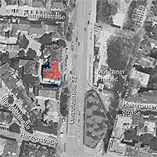 Lageplan des Jugendstil-Mietshauses Leopoldstraße 77, Schwabing-Freimann.