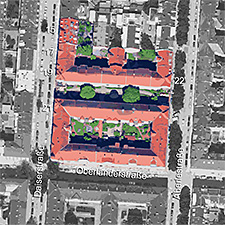 Lageplan des Wohnblocks mit Jugendstil-Elementen Daiser-, Oberländer- und Aberlestraße, Sendling.
