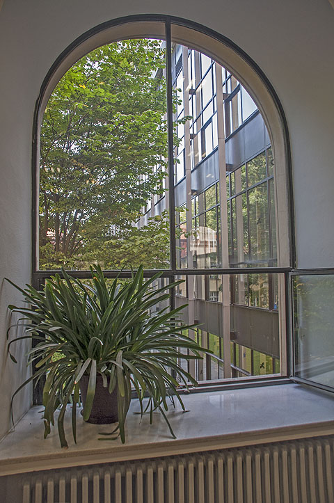 Die an den Hauptbau anschließende Nordfassade des Erweiterungsbaus, durch ein Fenster vom Erdgeschoß im Hauptbau gesehen.