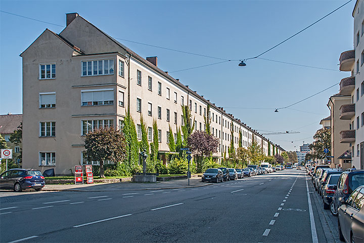 Dieser perspektivische Blick in die Wendl-Dietrich-Straße zeigt die Wirkung des nördlichen Gebäuderiegels.