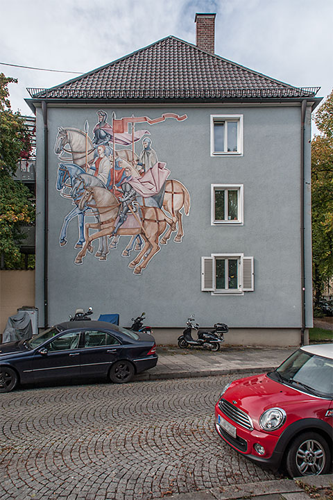Fassadenkunst an einem Wohnblock an der Einm�ndung der Hawart- in die Nibelungenstraße.
