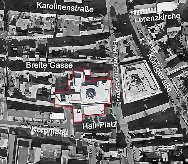 Lageplanskizze des Shopping Centers City-Point, ehemals Kaufhaus Hertie, Nürnberg, Pfannenschmiedsgasse 22